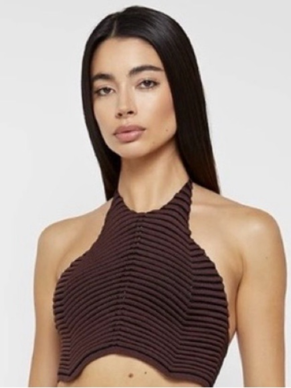 Maniere De Voir Brown Ribbed Halter Crop Top